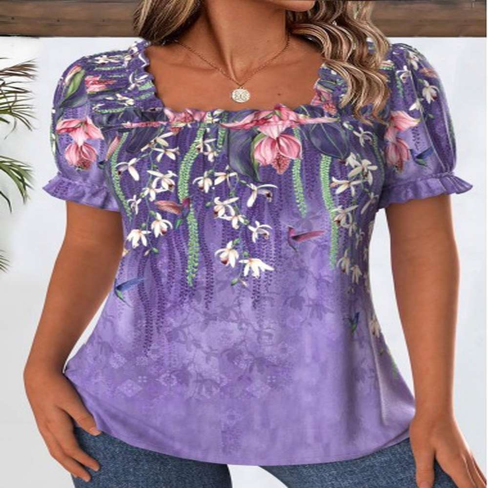 modlily purple floral print short sleeve square neck blouse