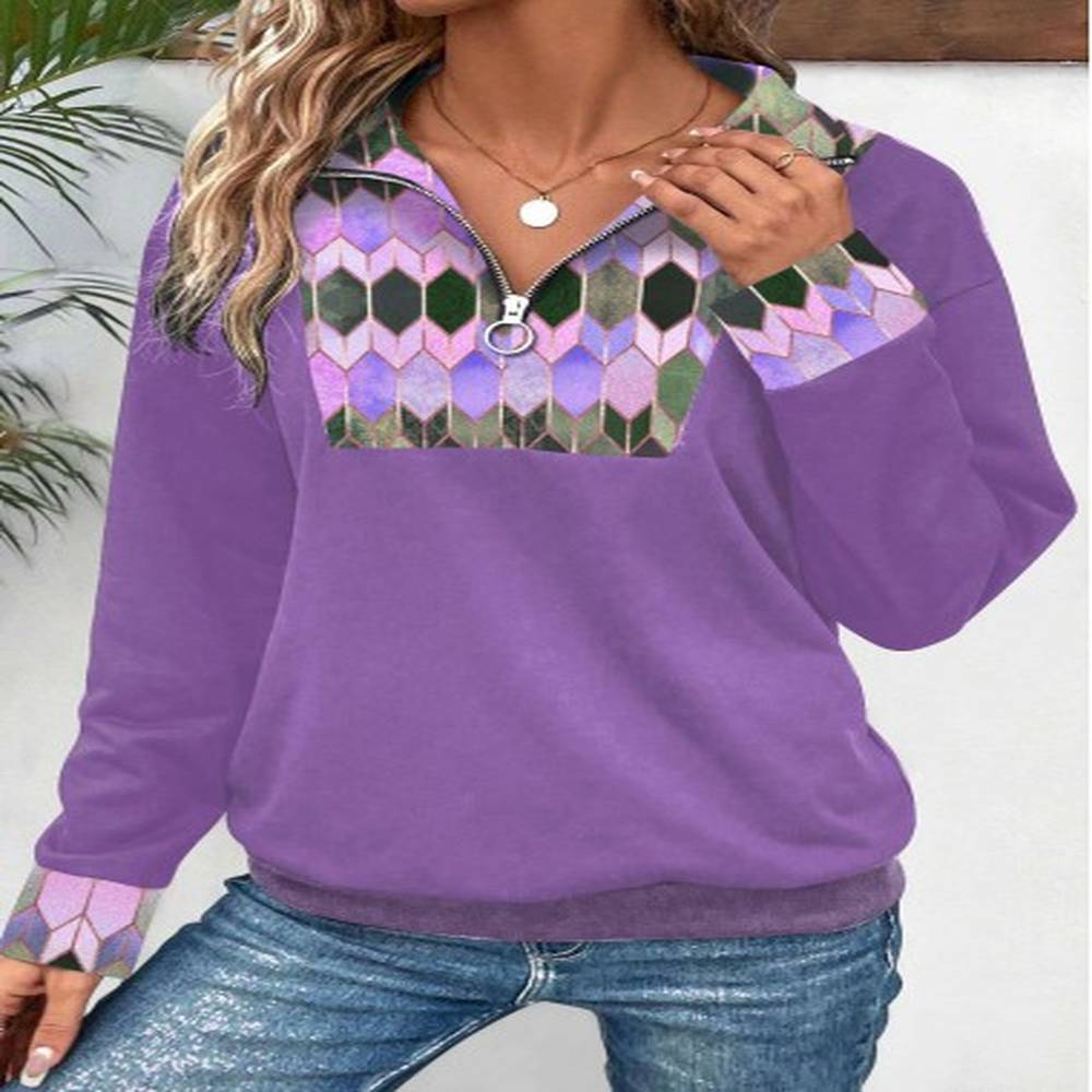 modlily purple patchwork geometric print long sleeve sweatshirt xxl