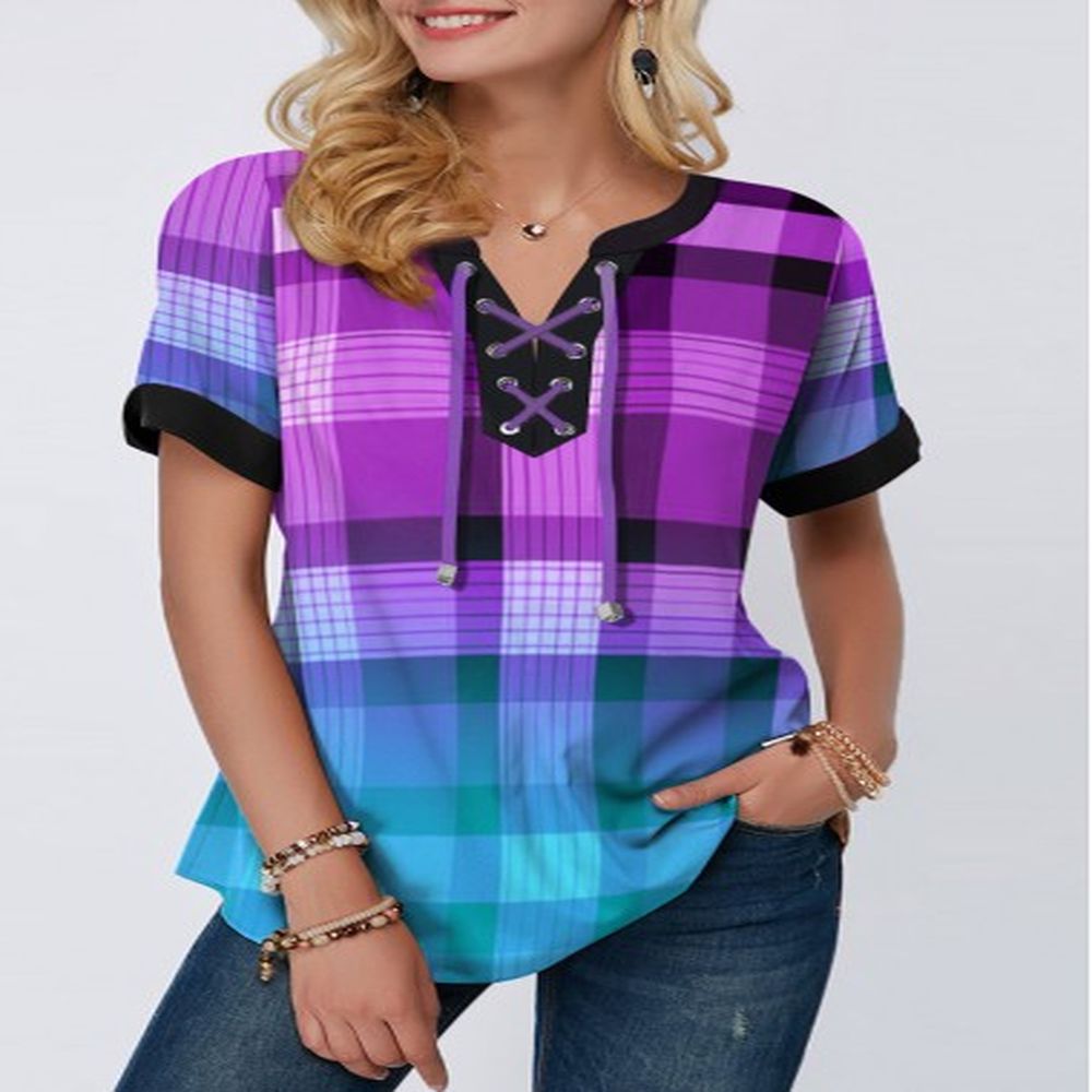 modlily purple plaid short sleeve split neck blouse l