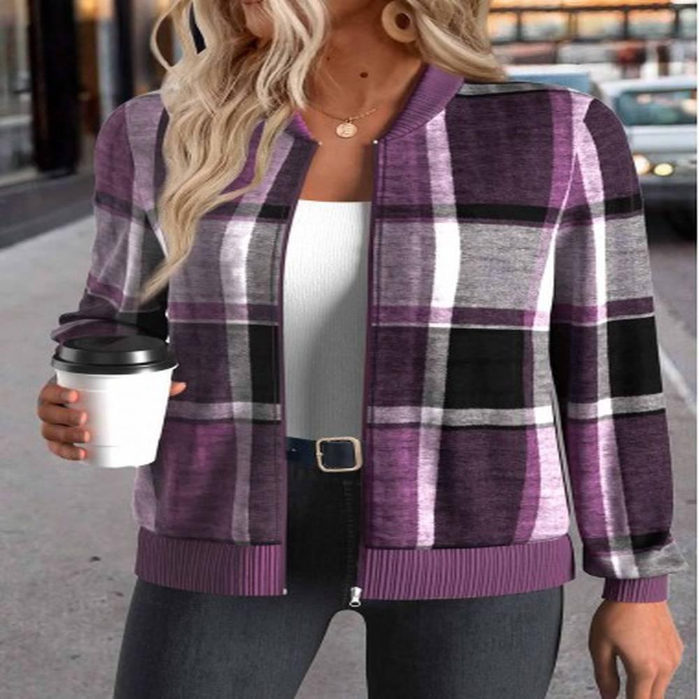 modlily purple zipper plaid long sleeve stand collar jacket