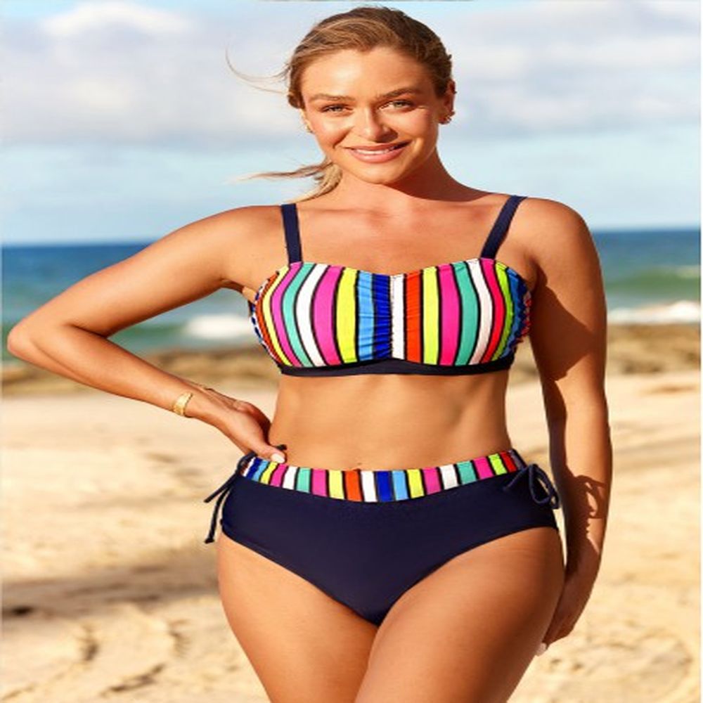 modlily rainbow color high waisted striped bikini set xl