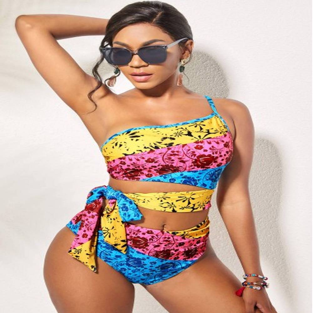 modlily rainbow color tie side printed bikini set xl