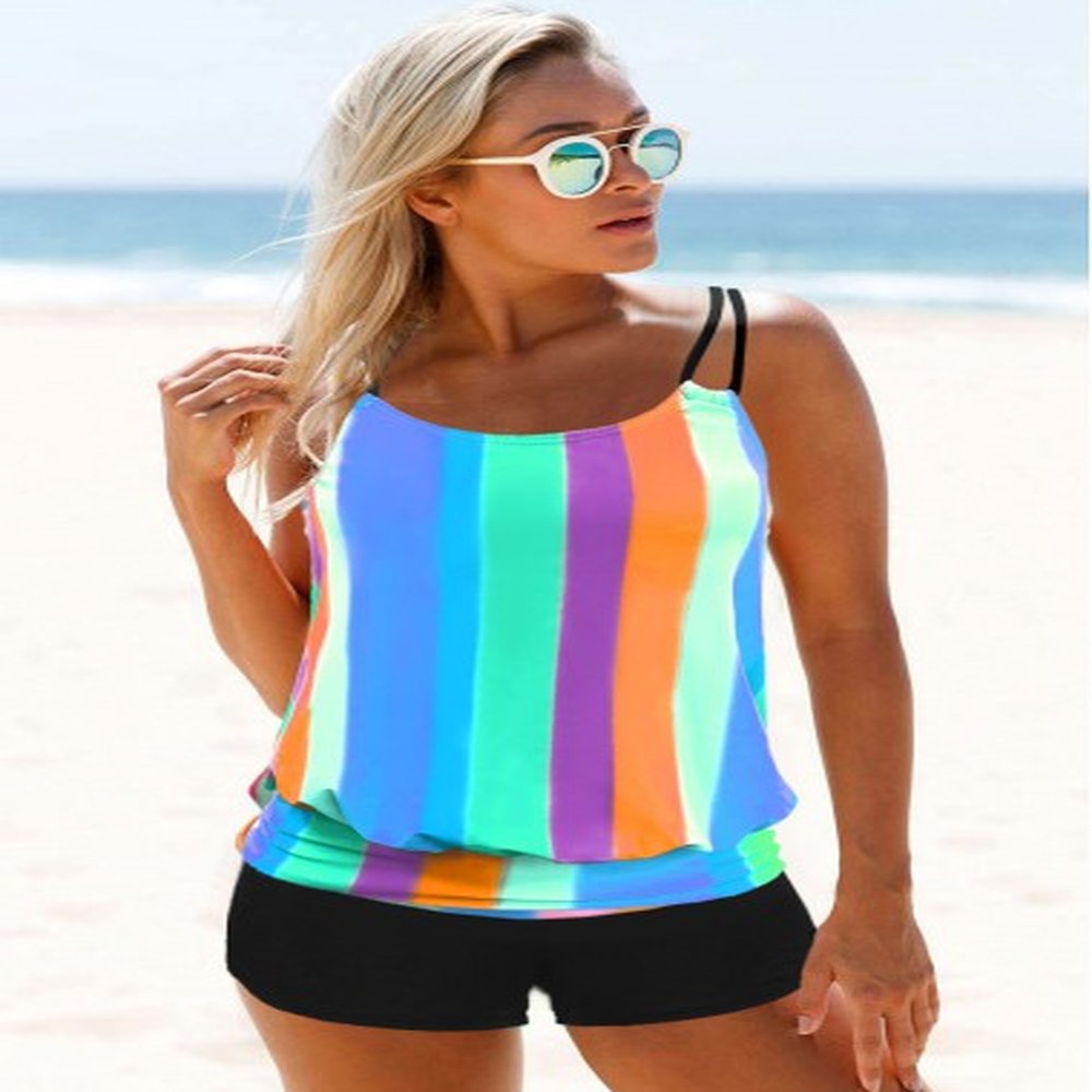 modlily rainbow striped adjustable strap blouson tankini swimsuit with shorts