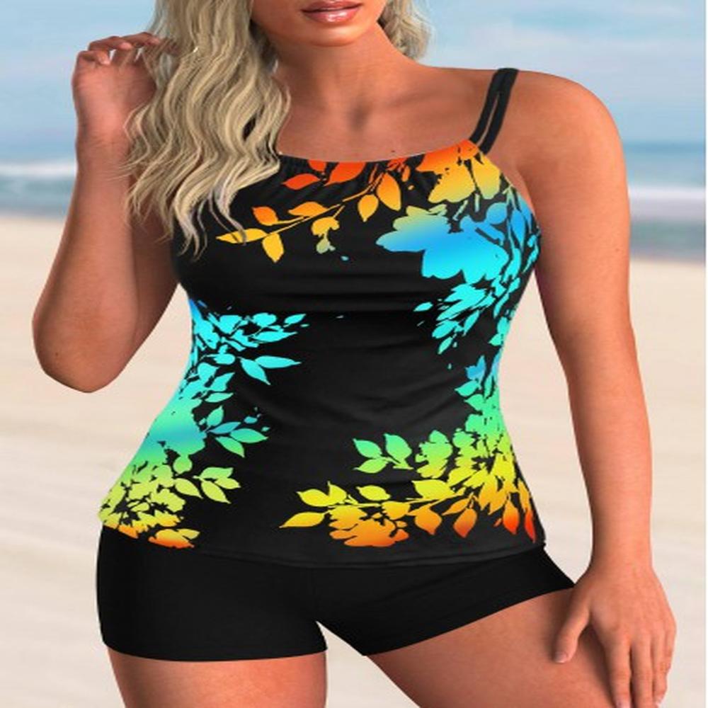 modlily rainbowcolor leaf print tankini swimsuit spaghetti strap leaf print