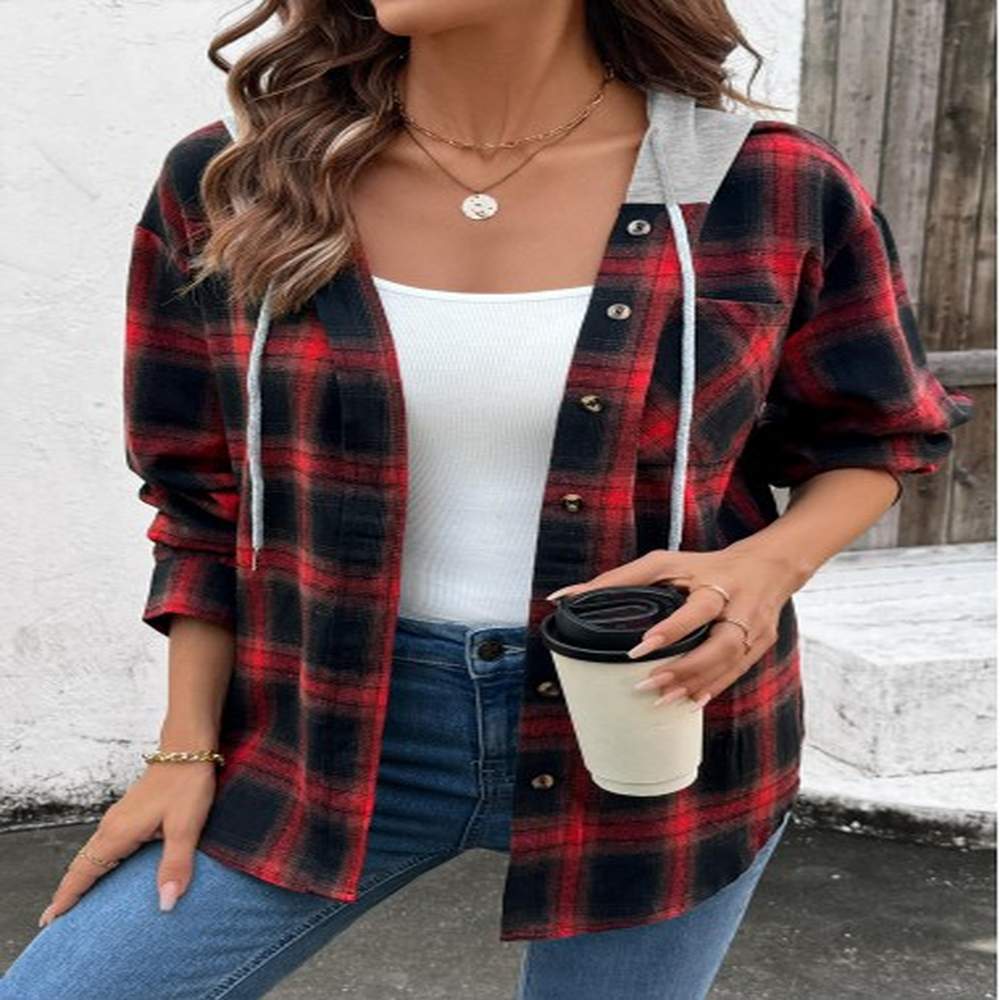 modlily red drawstring plaid long sleeve hoodie xxl
