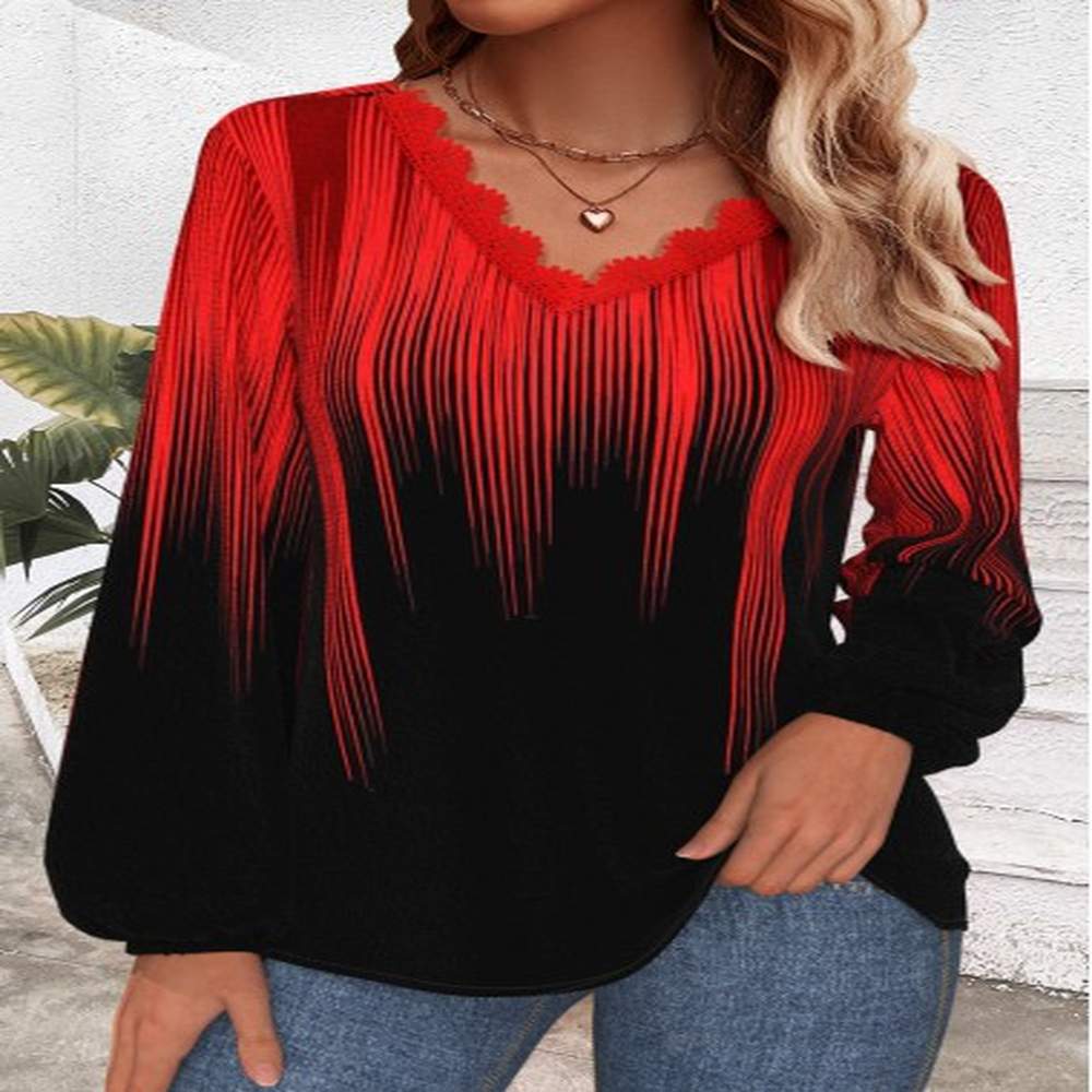 modlily red embroidery ombre long sleeve v neck t shirt