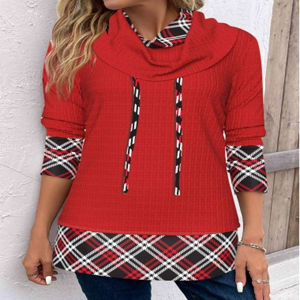 modlily red patchwork plaid long sleeve cowl neck sweatshirt