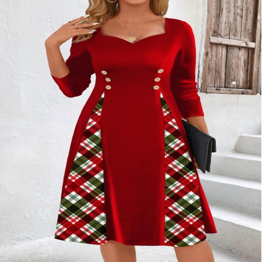 modlily red patchwork plaid long sleeve heart collar dress
