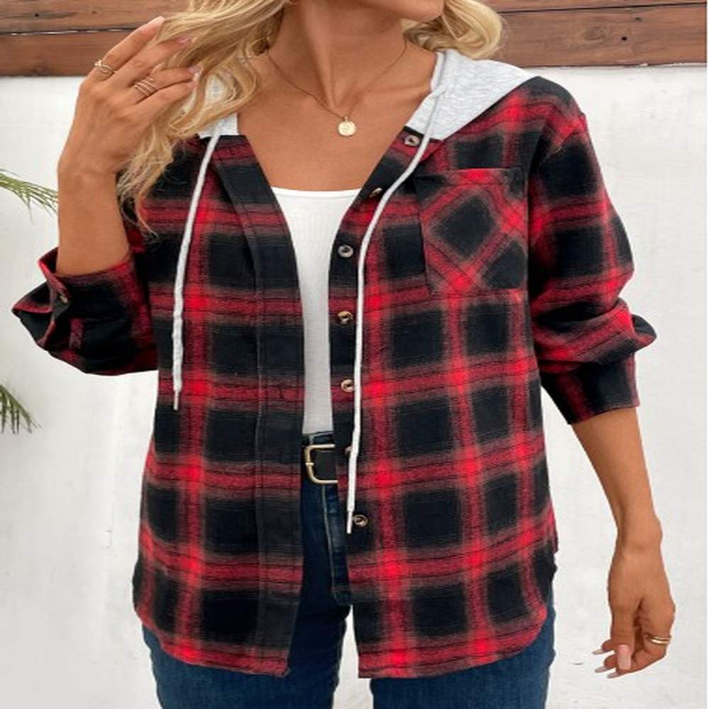 modlily red patchwork plaid long sleeve hooded coat xl
