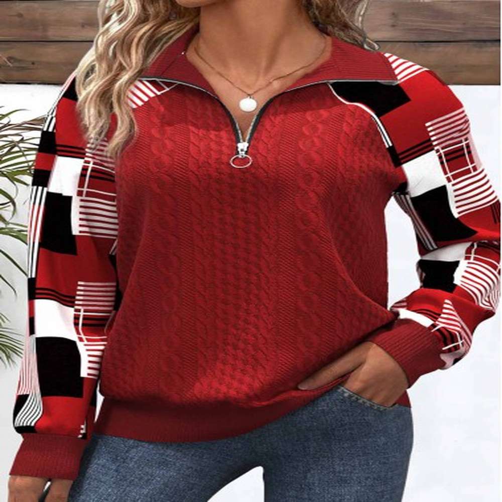 modlily red patchwork plaid long sleeve turn down collar sweatshirt