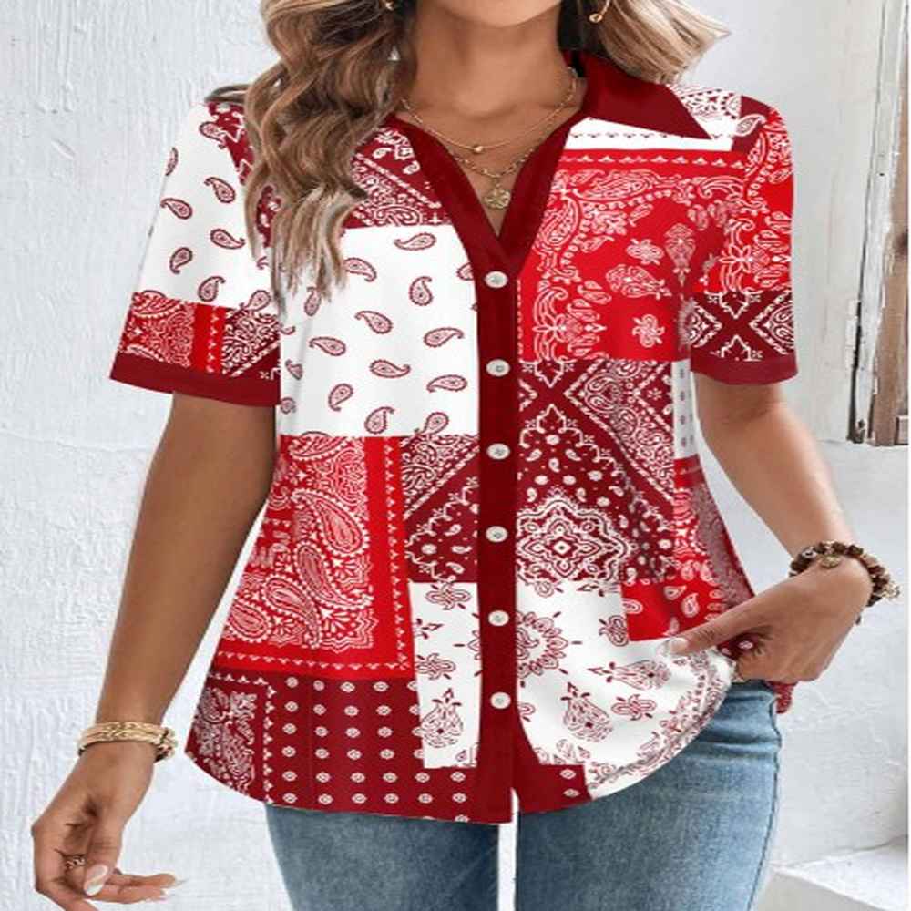 modlily red patchwork short sleeve shirt collar blouse m