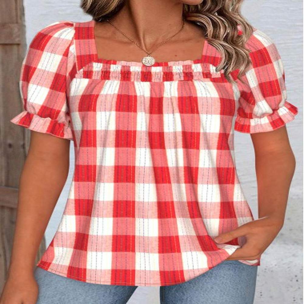 modlily red plaid short sleeve square neck blouse l