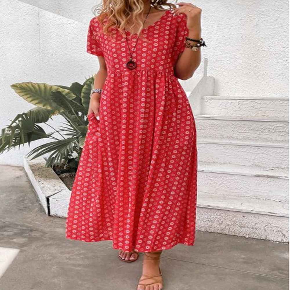 modlily red pocket geometric print maxi a line dress