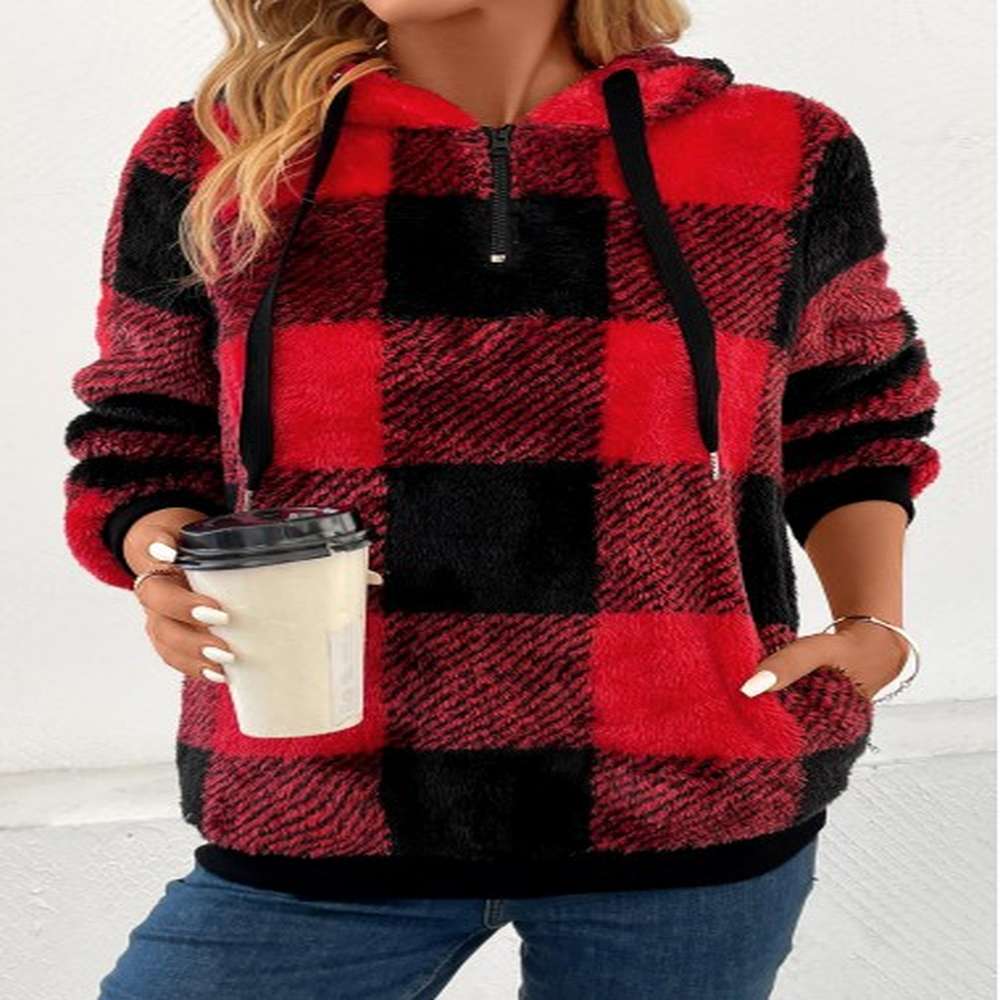 modlily red pocket plaid long sleeve hooded sweatshirt s