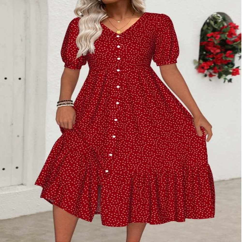 modlily red polka dot short sleeve v neck dress