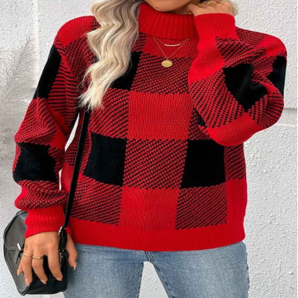 modlily red tummy coverage plaid long sleeve high neck sweater