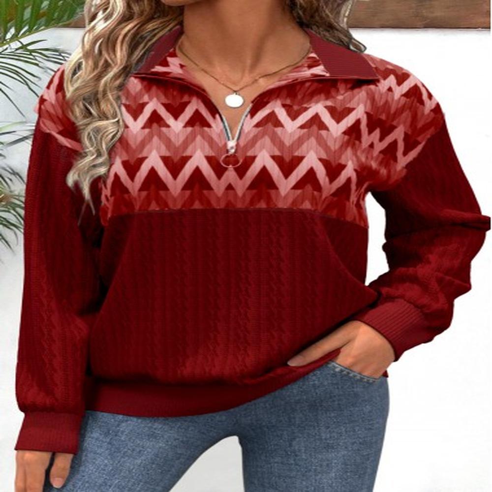 modlily red zipper geometric print long sleeve v neck sweatshirt