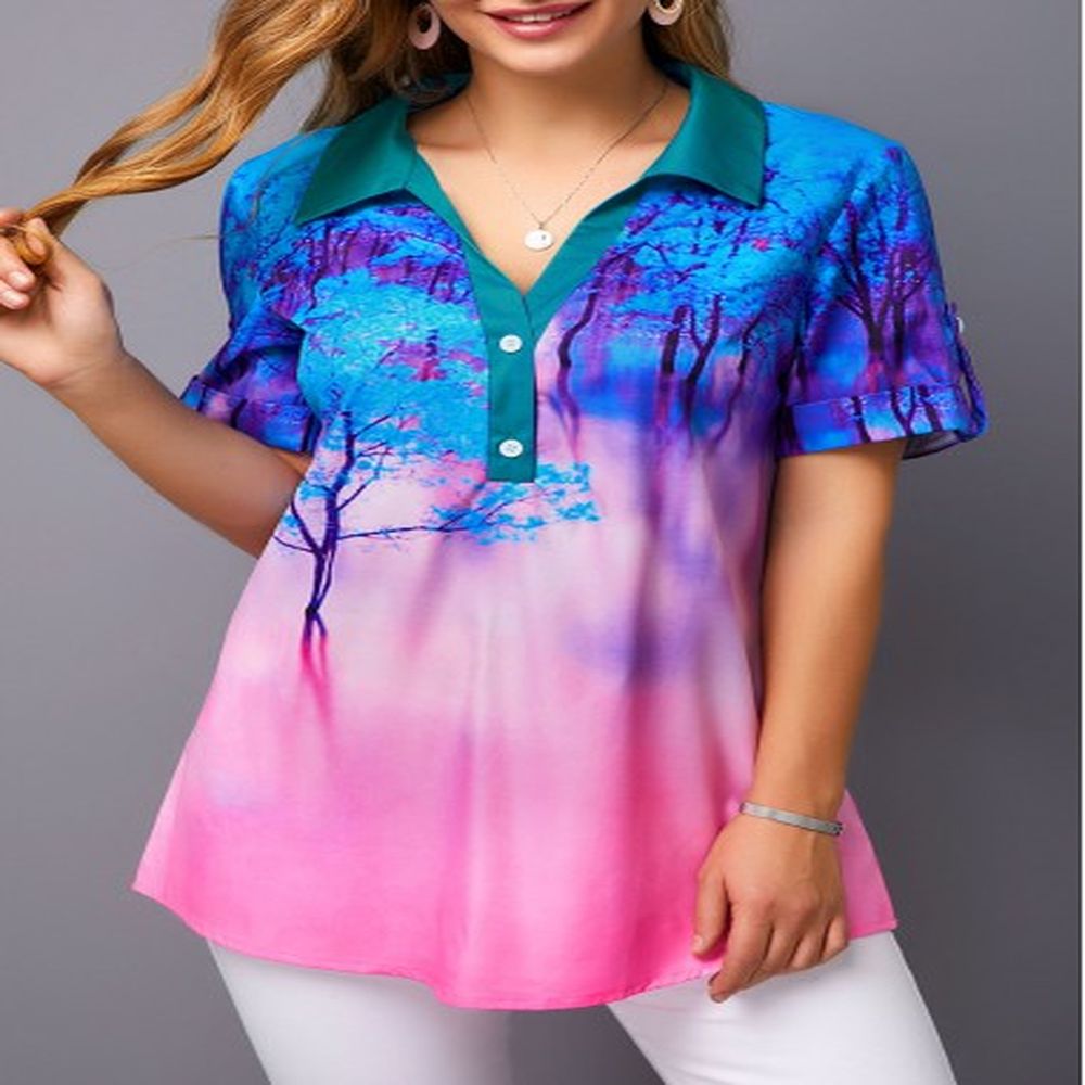 modlily roll tab sleeve printed color block blouse m