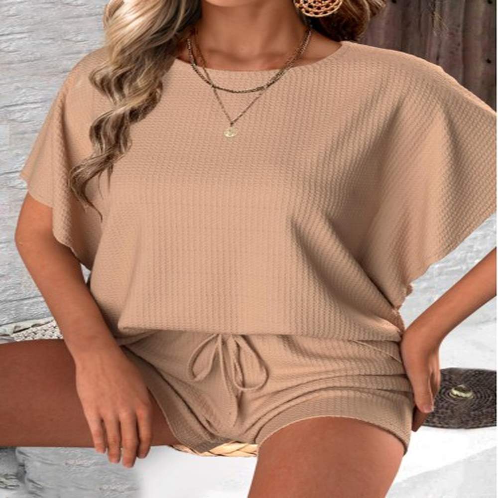 modlily round neck short sleeve light coffee top and shorts