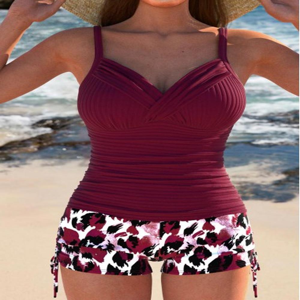 modlily ruched leopard wine red tankini set xxl