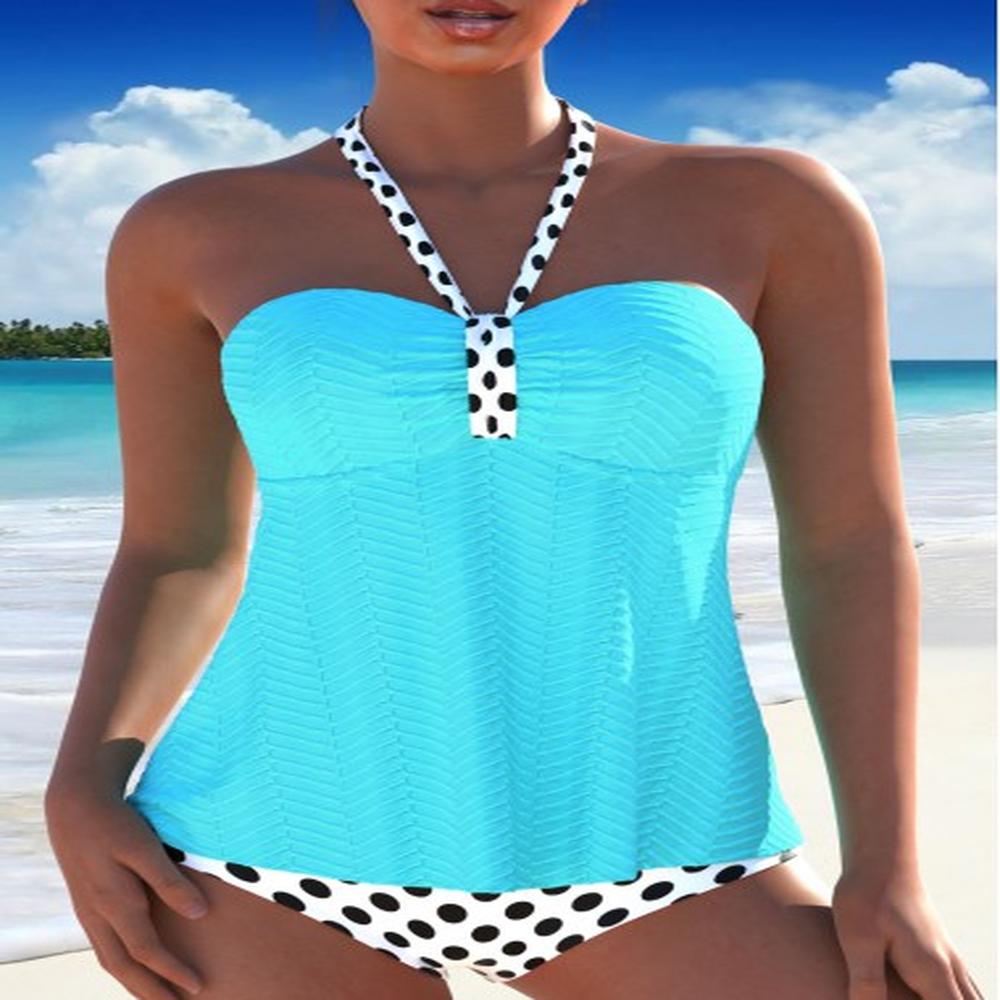 modlily ruched polka dot light blue tankini set xxl