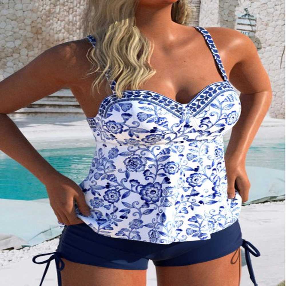 modlily ruched random floral print navy tankini set s