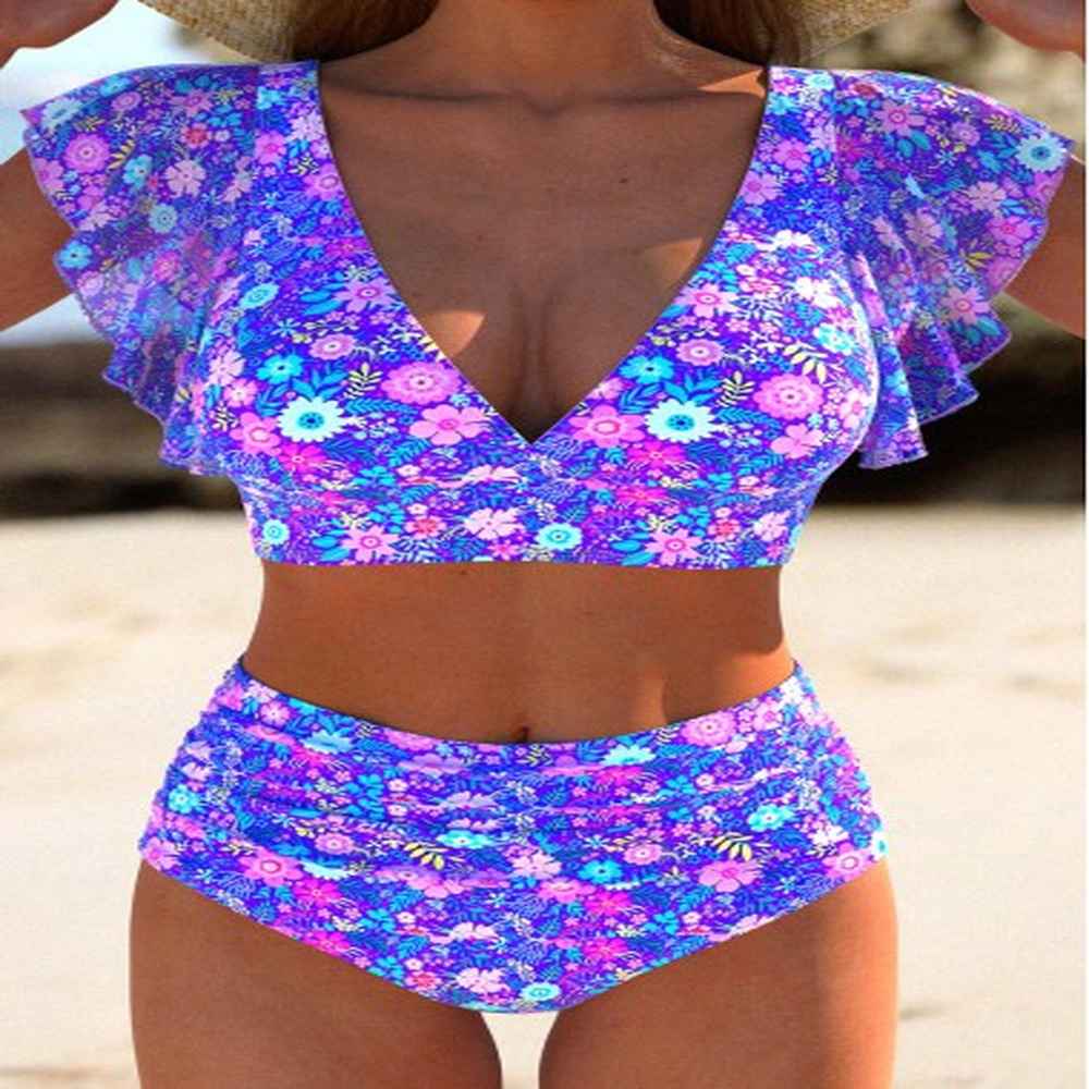 modlily ruffle ditsy floral print purple bikini set xs
