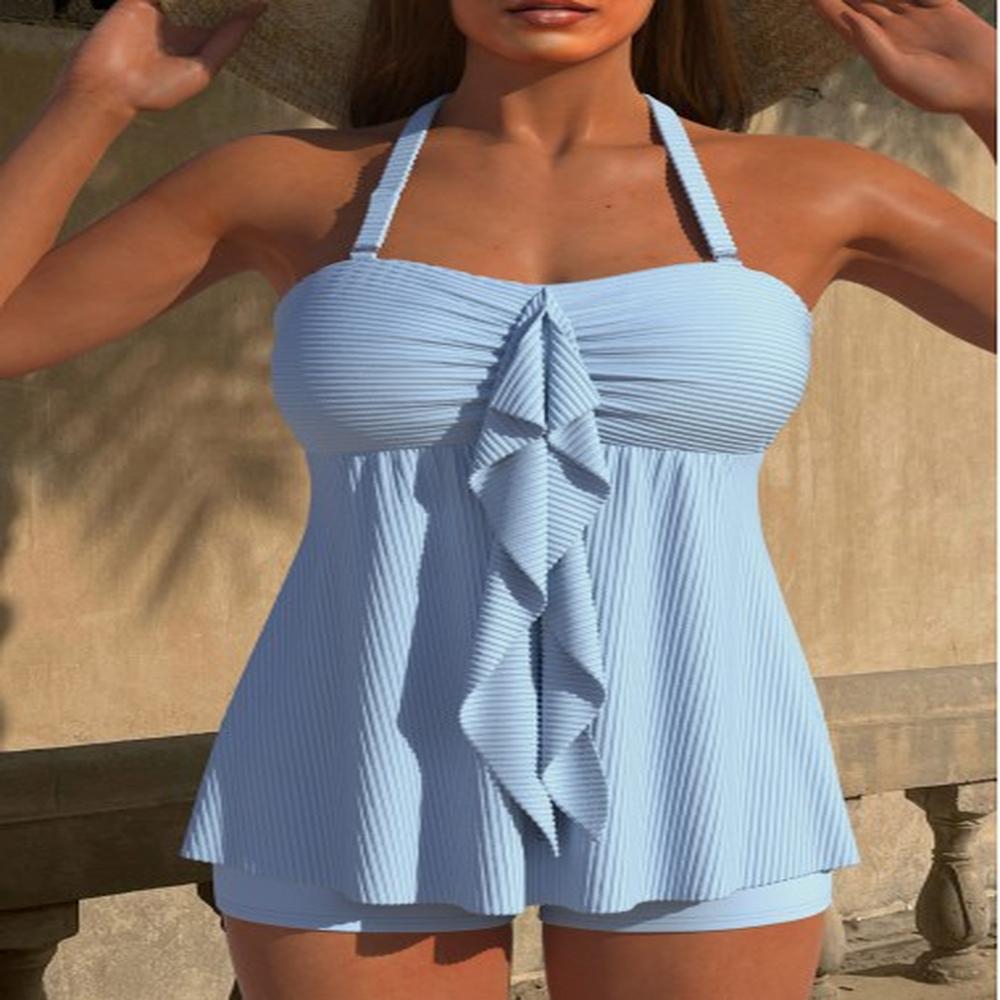 modlily ruffle light blue ruched jacquard tankini set s