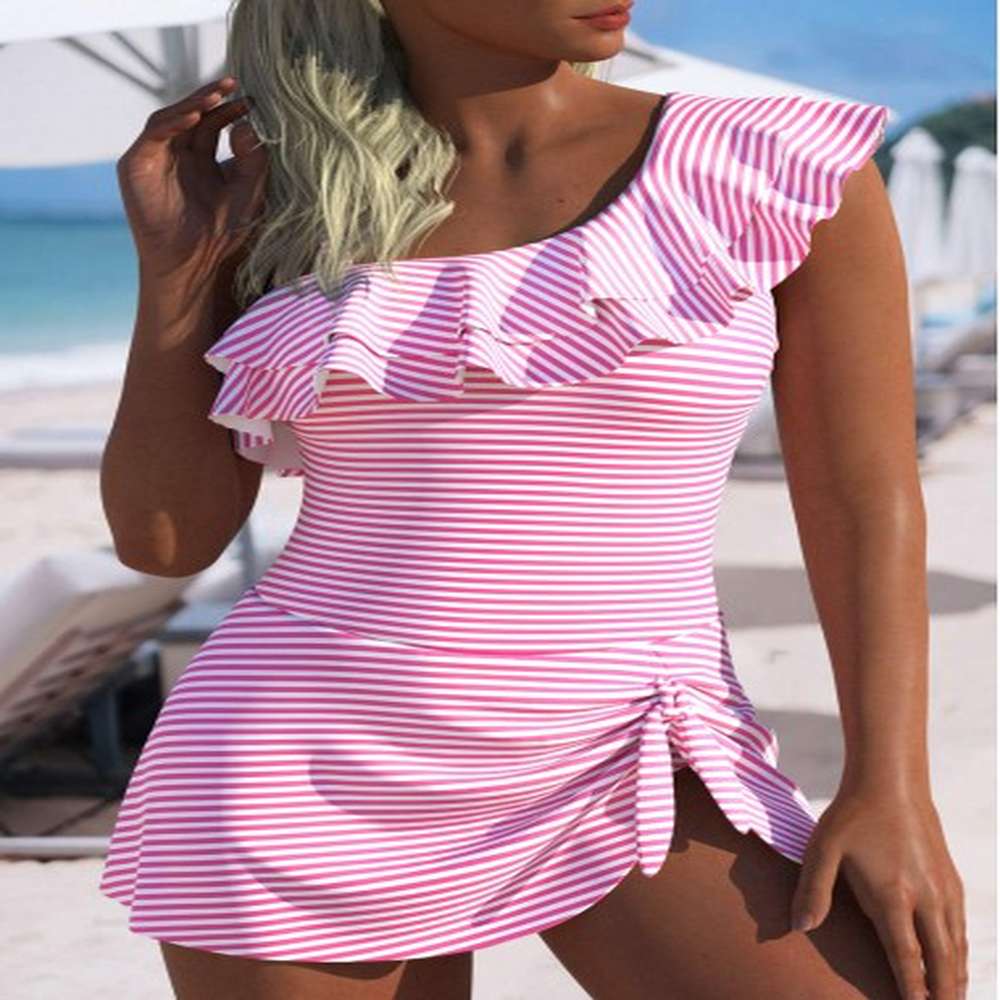 modlily ruffle one shoulder pink one piece swimdress xl