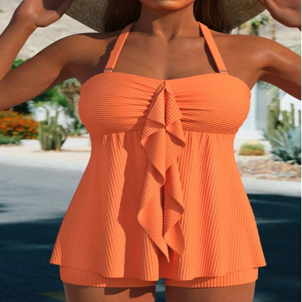 modlily ruffle orange ruched jacquard tankini set s