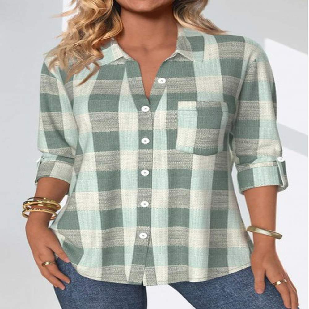 modlily sage green button plaid three quarter length sleeve blouse