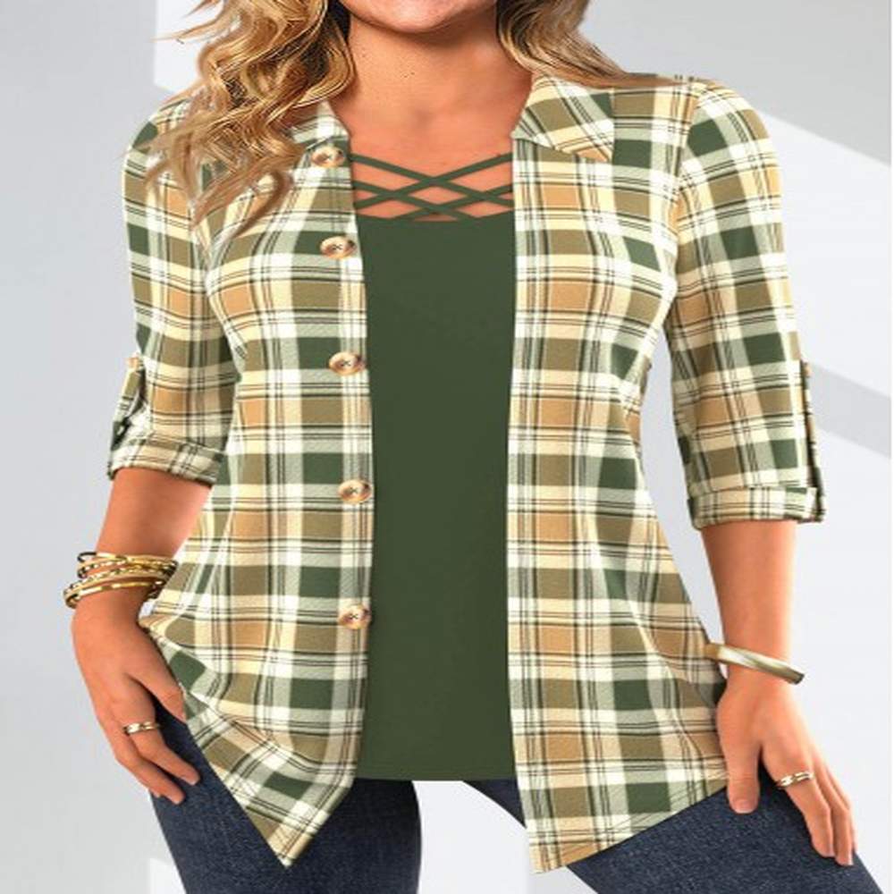 modlily sage green fake in plaid blouse l