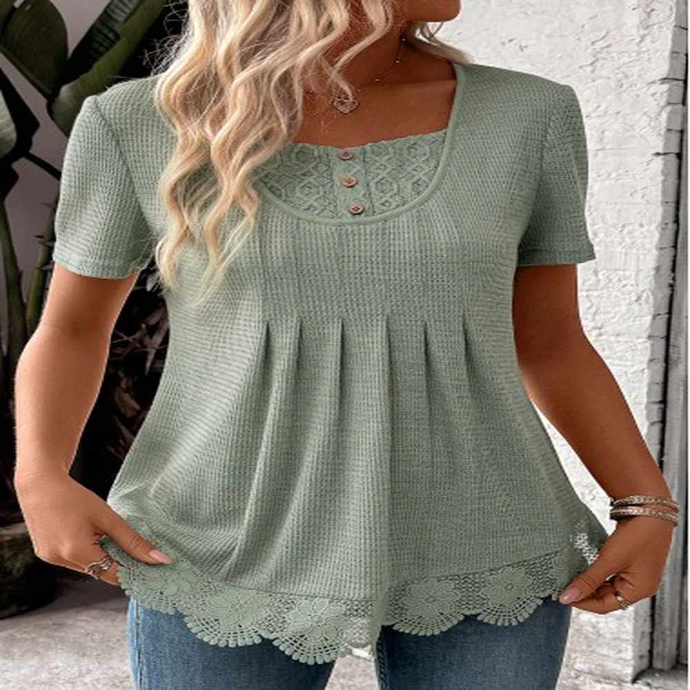 modlily sage green lace short sleeve square neck t shirt