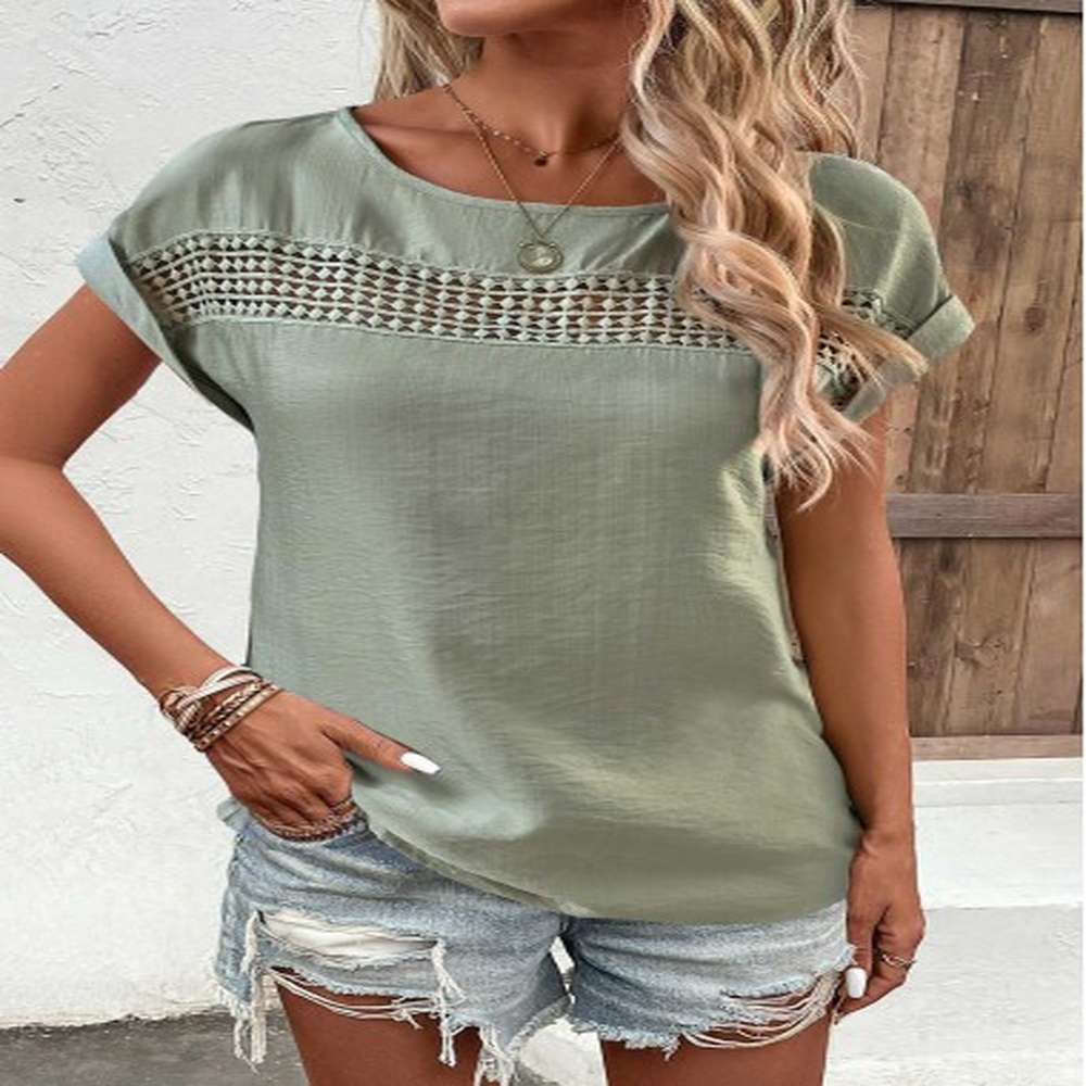 modlily sage green patchwork short sleeve boat neck blouse