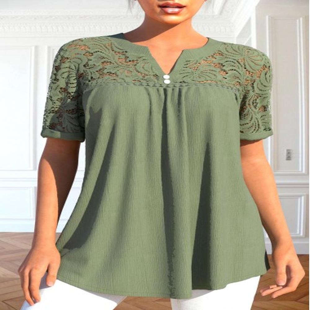 modlily sage green patchwork short sleeve split neck blouse