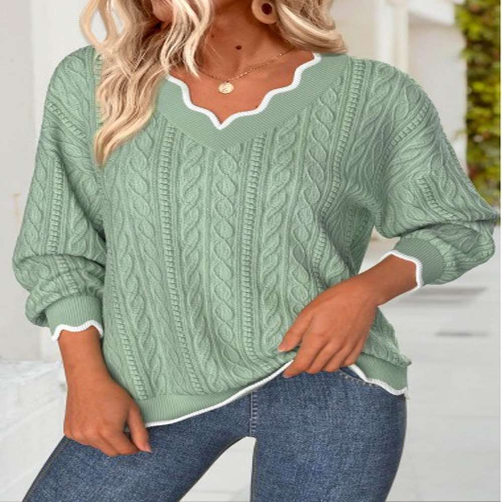 modlily sage green scalloped hem long sleeve v neck sweatshirt