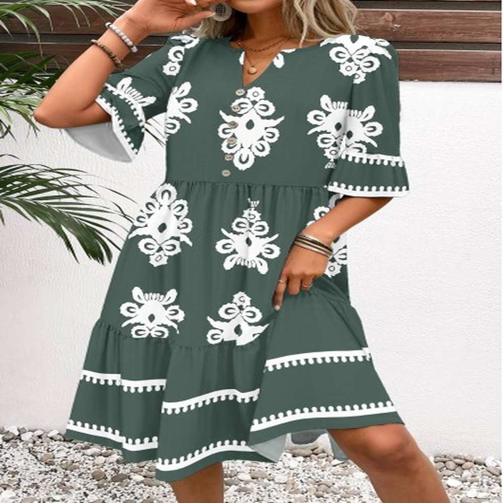 modlily sage green tribal print half sleeve split neck dress