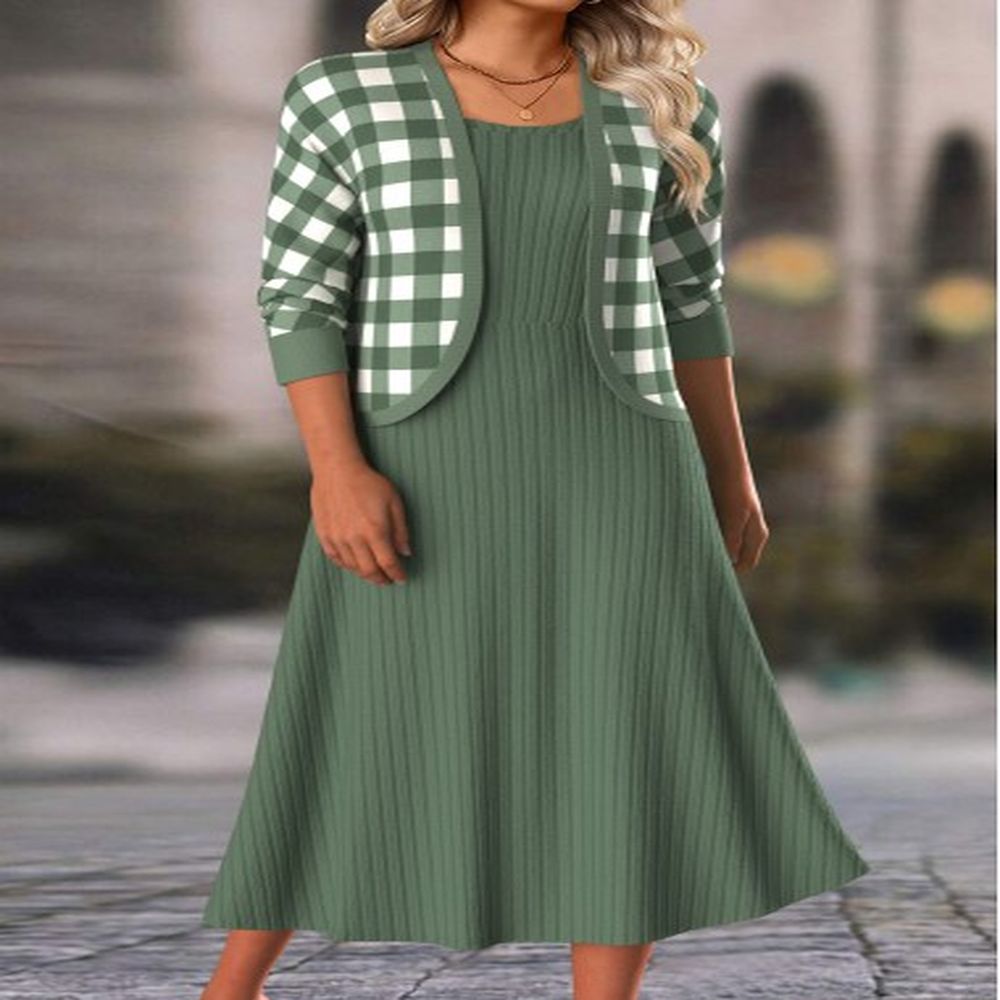 modlily sage green two piece plaid dress and cardigan