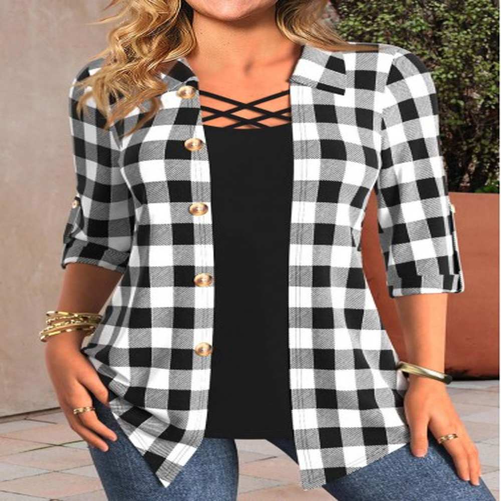 modlily shirt collar black fake in plaid blouse l