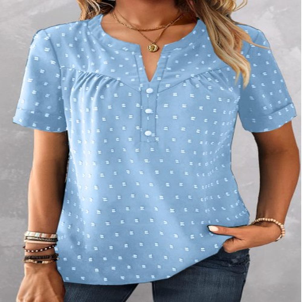 modlily sky blue button short sleeve split neck blouse