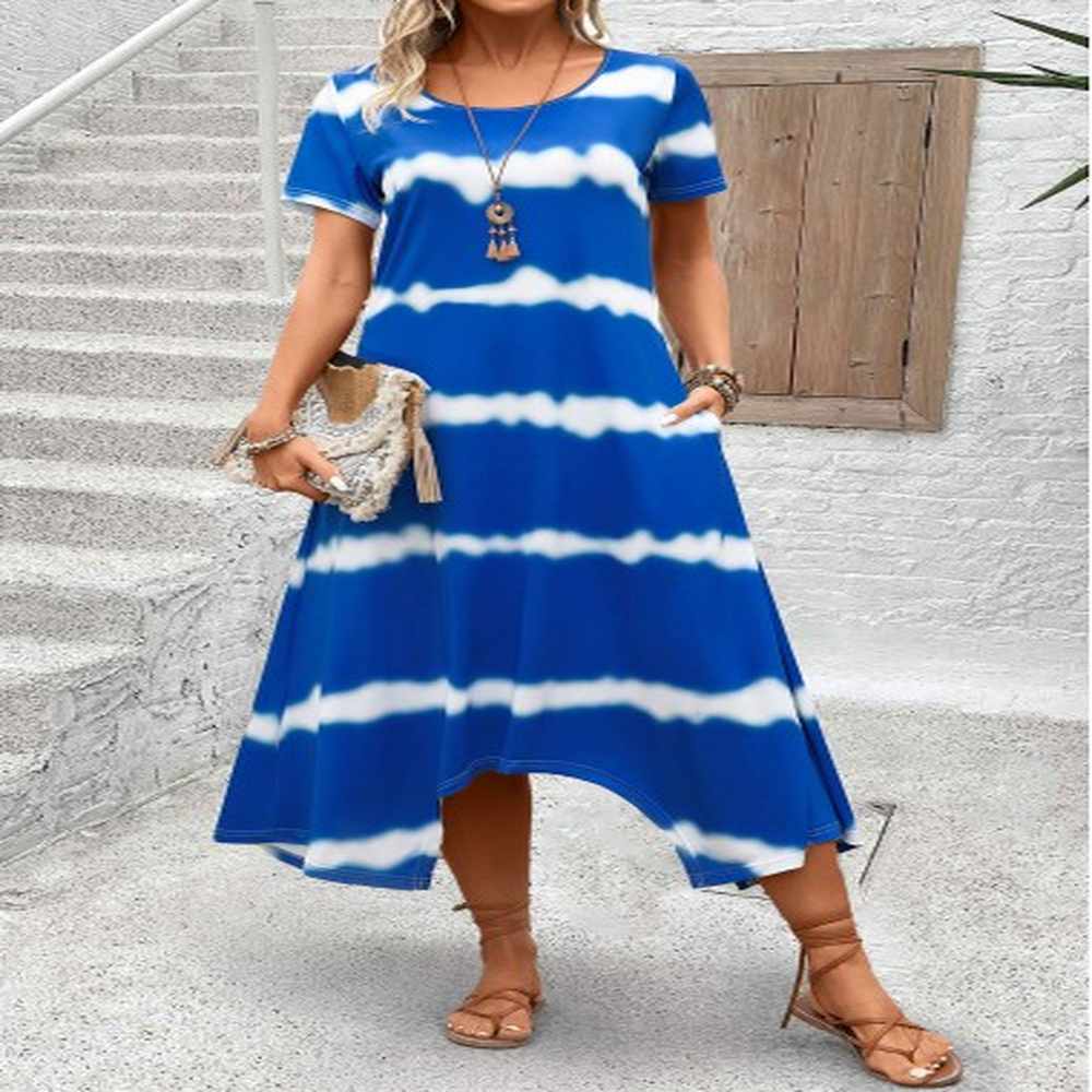 modlily sky blue pocket tie dye print a line dress