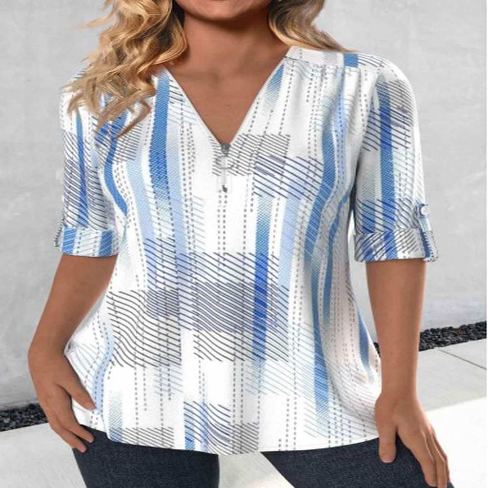modlily sky blue zipper striped sleeve v neck blouse