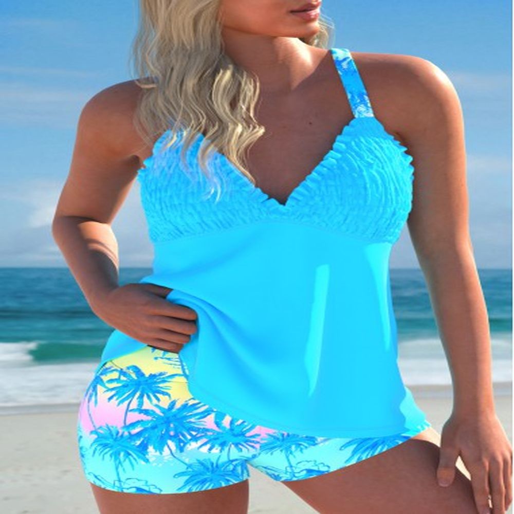 modlily smocked tropical plants print cyan tankini set xl