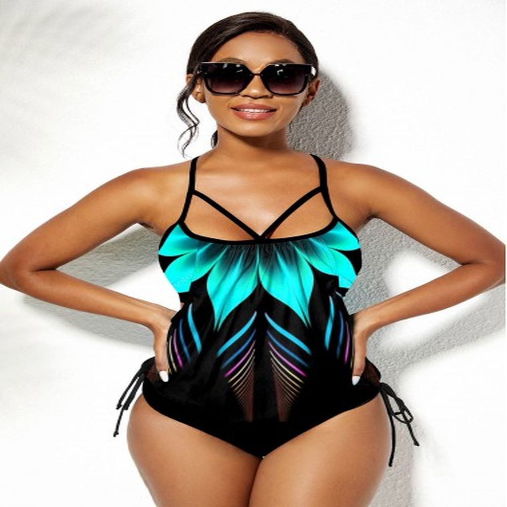 modlily spaghetti strap drawstring side floral print tankini set