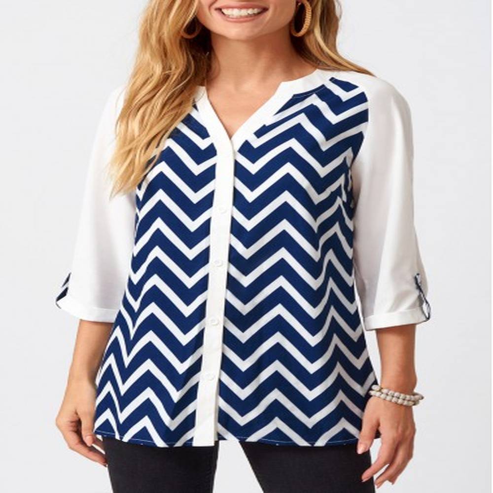 modlily split neck chevron print three quarters sleeve blouse