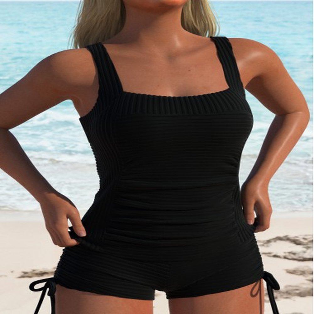 modlily square neck ruched black tankini set l