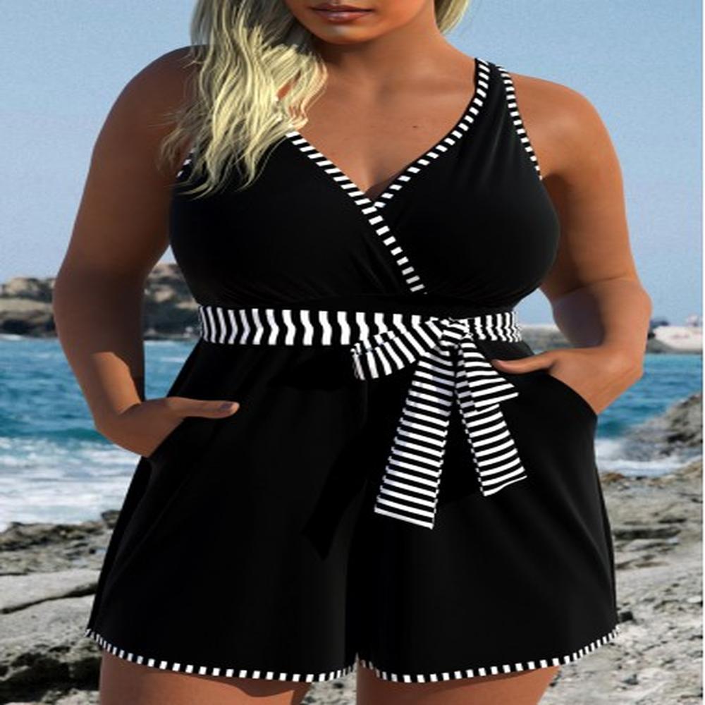 modlily striped black cross neck one piece swimwear m