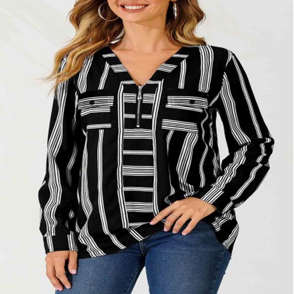 modlily striped color block v neck zipper detail blouse