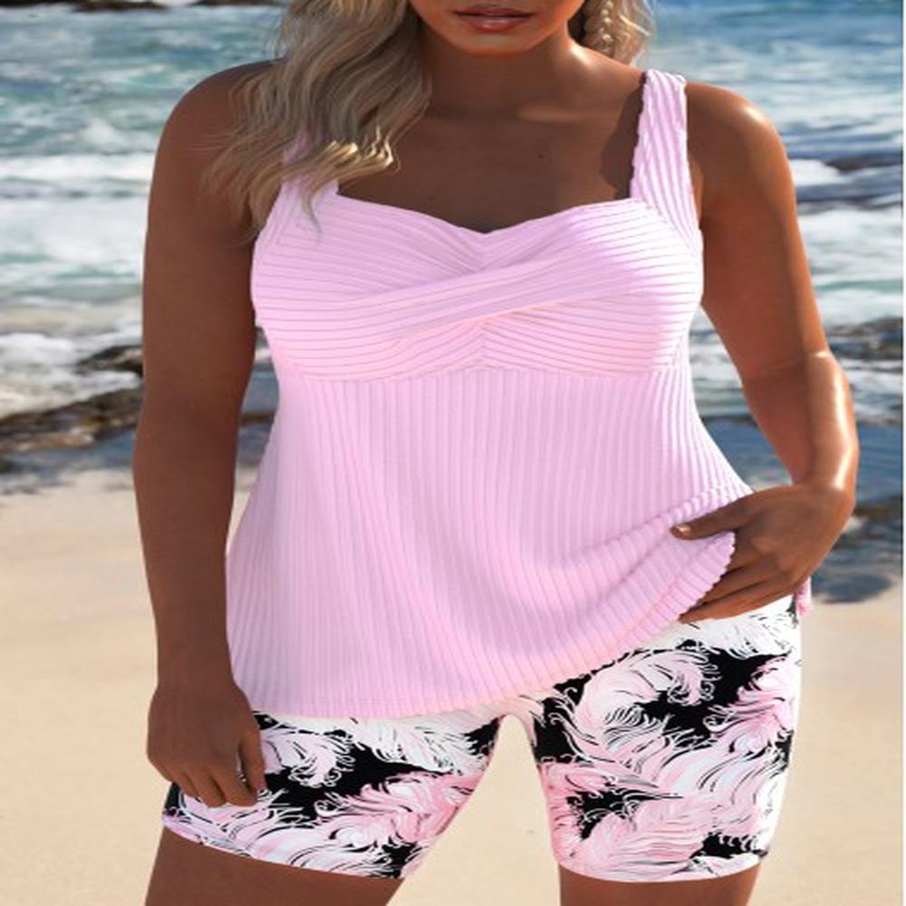 modlily surplice feathers print light pink tankini set xl
