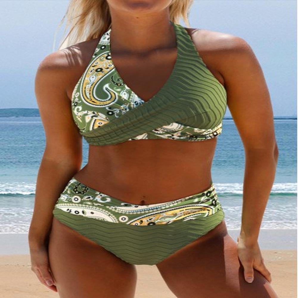 modlily surplice floral print olive green bikini set xl